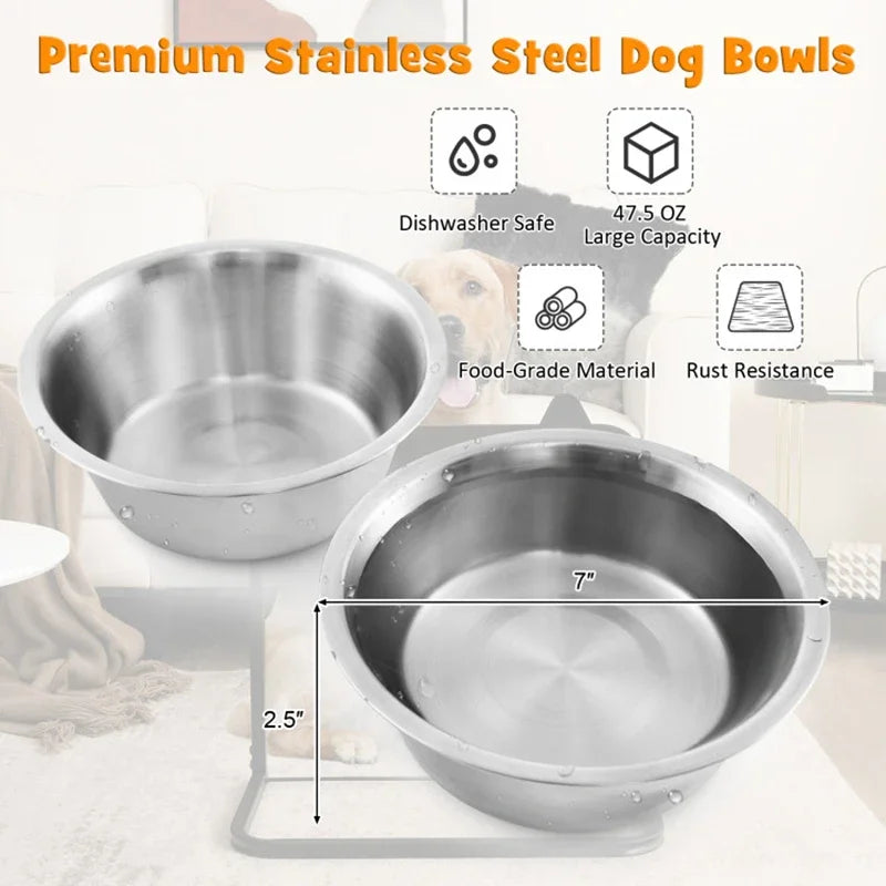 Stable Durable Premium  3 Adjustable Heights Stainless Steel Bowl Pet Dog Bowl Stand with 2 Stainless Steel Food Water Bowls