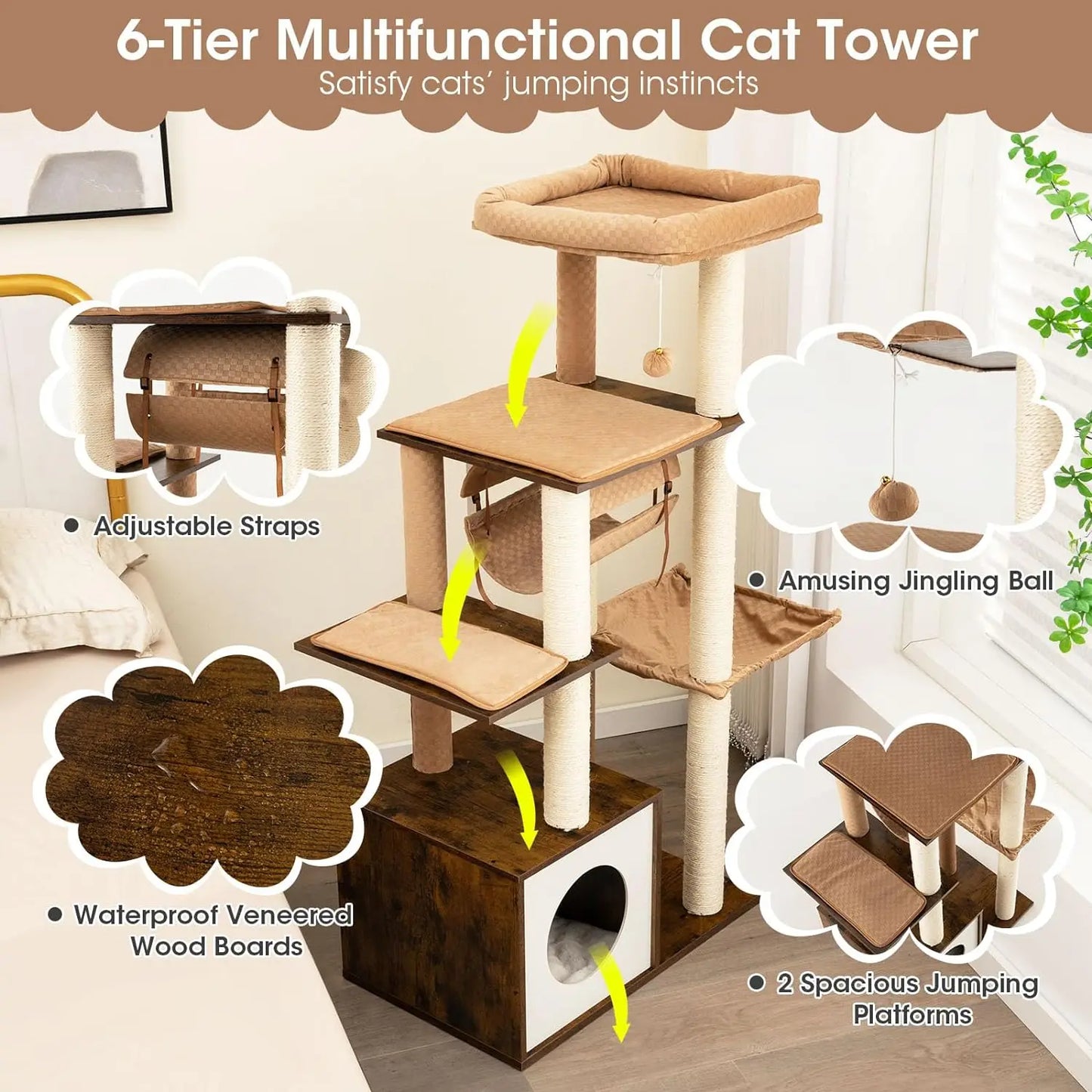 Tangkula Modern Cat Tree for Indoor Cats, 53 Inch Tall Cat Tree Tower with Hammock, Sisal Scratching Posts, Top Perch, Tunnel & - Love Your Pet Life