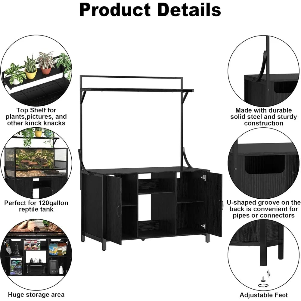 Reptile Tank Stand Stand with Cabinet for Accessories Storage 48" X 24" Tabletop Fits up to 120 Gallon Bearded