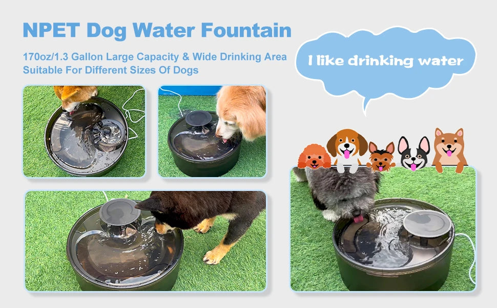 NPET DF10 Dog Water Fountain, 170oz/1.3Gallon/5L Large Automatic Pet Water Dispenser Dog Water Bowl for Cat, Dogs, Multiple Pets