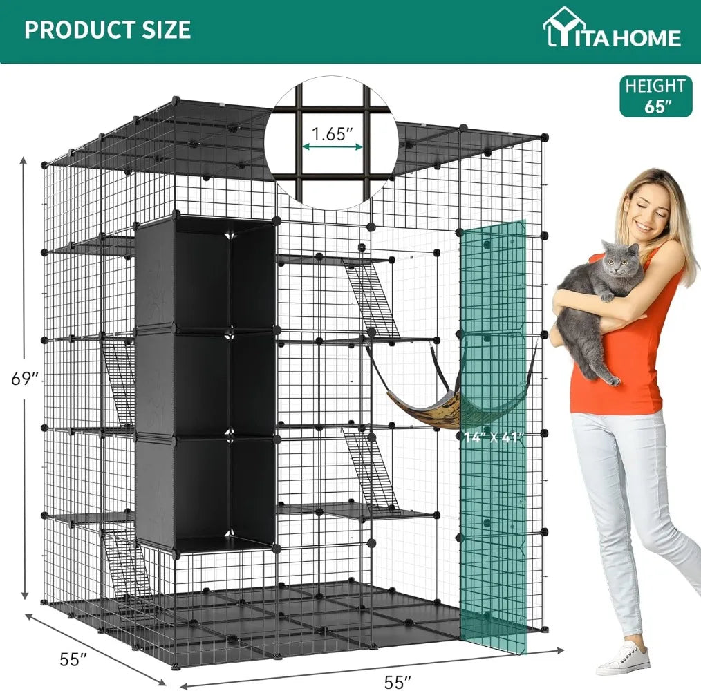 Cat Cage Indoor Large with Storage Cube DIY Outdoor Cat Enclosures Metal Cat Playpen with Hammock Platforms for 1-4 Cats 5 Tiers