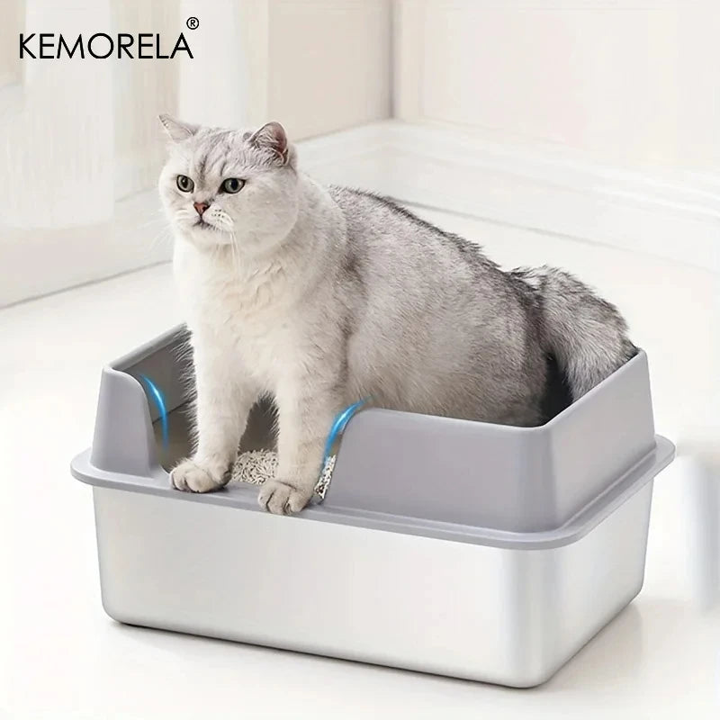 Extra Large Stainless Steel Cat Litter Box with High Wall Enclosure Non-Stick Leak Proof Easy to Clean Includes Lid