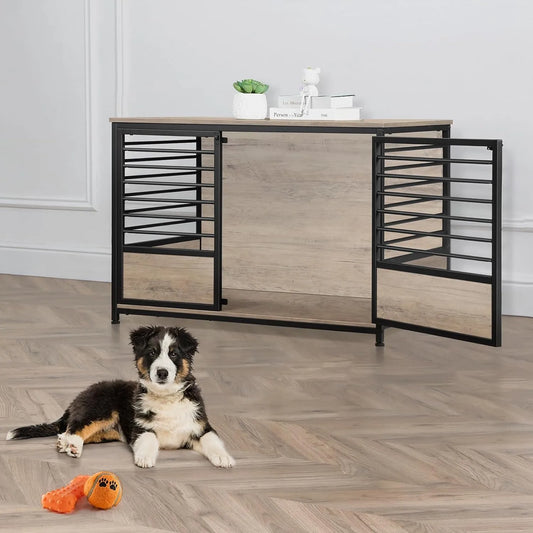 Wooden Heavy Duty Dog Cage Side End Table, Indoor Dog Kennel, Decorative Style Steel Tube Structure Pet Crate House for Dog