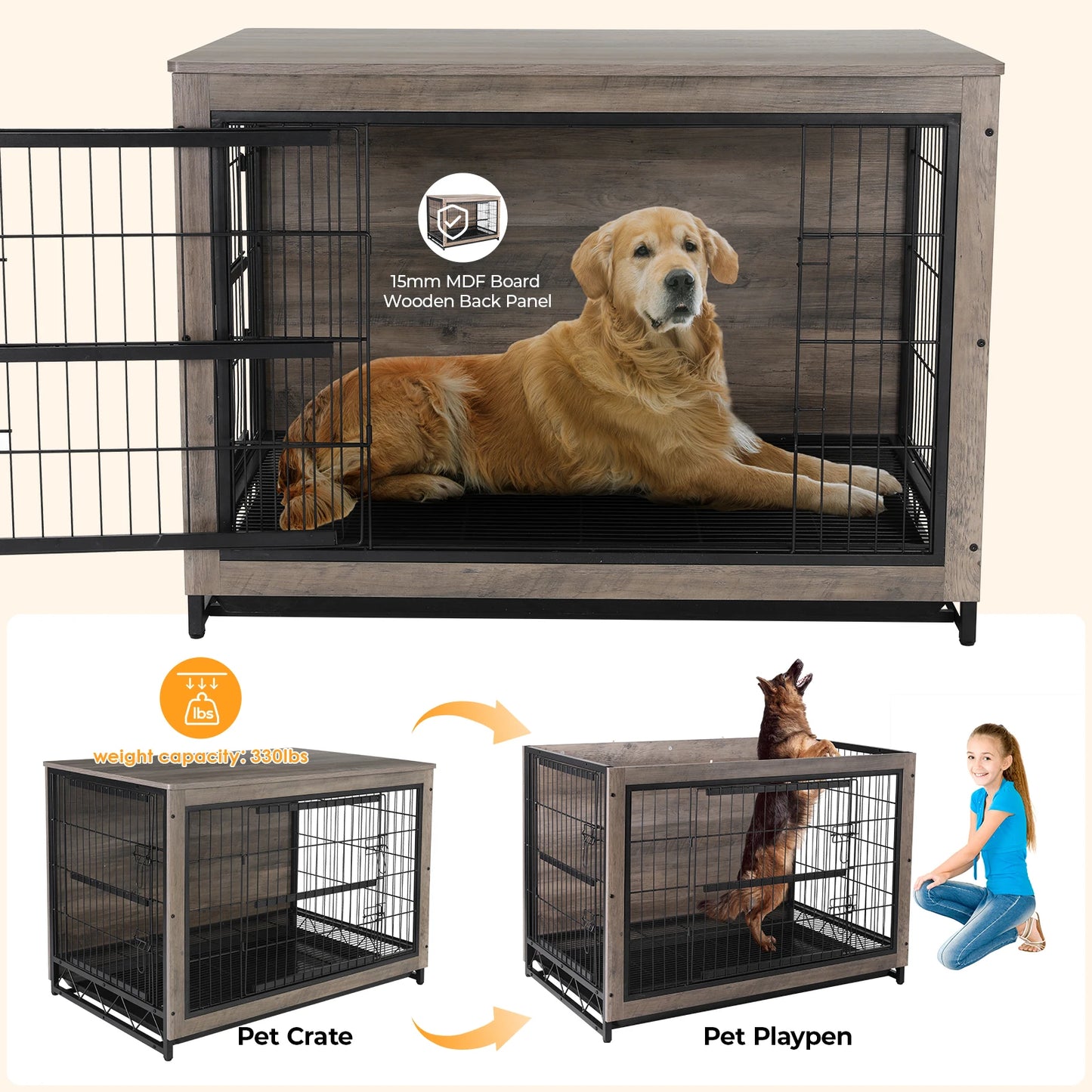 AOOU Dog Crate Furniture, 44.1" Wooden Side End Table, Modern Dog Kennel with Double Doors, Heavy-Duty Dog Cage Beige - Love Your Pet Life